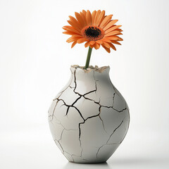 broken white vase with orange colour daisy flower isolated on white background