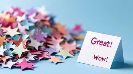 Colorful paper stars with note saying "Great! wow!"