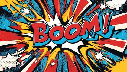 A comic book-style explosion with the word 'BOOM!' in bold letters, vibrant pop art design