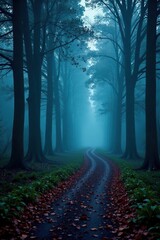 Fototapeta premium Misty forest path winding through towering trees, illuminated by soft blue glow, darkness, pathway, autumn leaves
