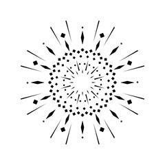 Abstract sunburst flare with firework-inspired spark design. Light outbreak with radiant circle rays. Firecracker explosion element in a clean black and white isolated style