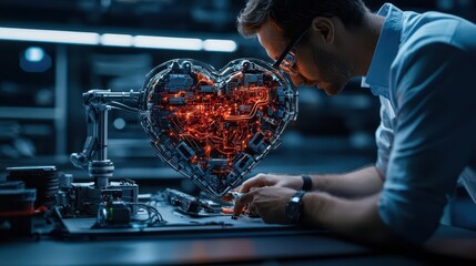 Engineers working on a heartshaped robot symbolizing love and technology, Valentines innovation, futuristic design, romantic tech