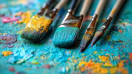 Fototapeta premium Photo - Colorful Paint Brushes on an Artist's Palette
