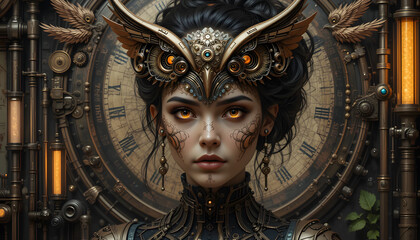 Woman with steampunk owl headdress, clock background.