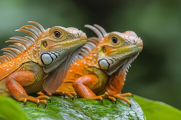 Fototapeta premium The iguanas, perched on a tree branch, have their tails linked and heads inclined towards one another