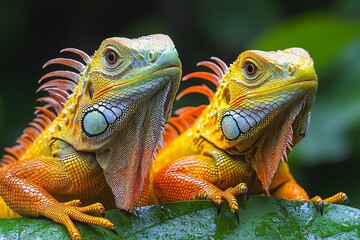 Fototapeta premium Iguanas engage on a tree branch, their tails entwined and heads facing each other