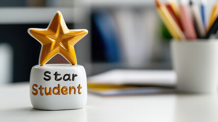 "Star Student" trophy sits on desk, beside colorful pencils