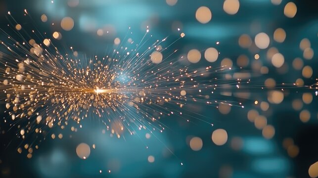 Industrial laser welding machine works effectively, creating sparks against a light blue backdrop in a professional environment