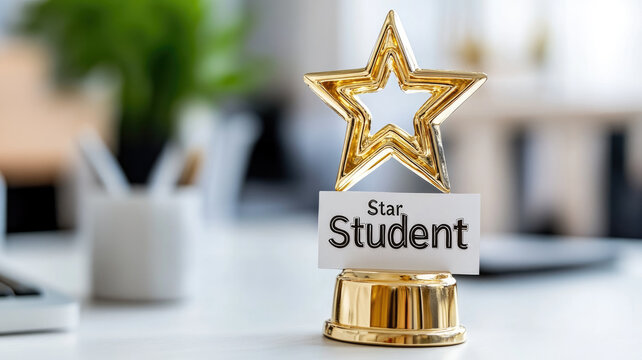 Golden star-shaped student award trophy on desk