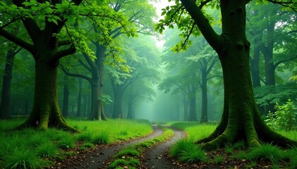 Naklejka premium Moss-covered trees with emerald foliage under a serene sky, green forest, overcast sky