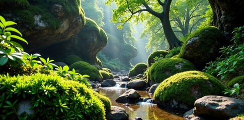 Mossy rock formations with earthy tones and moss, dense foliage,