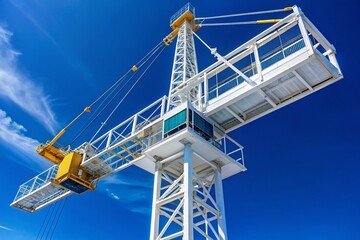Fototapeta premium Sleek White Construction Crane on a Bright Sunny Day - Industrial Machinery Stock Photo