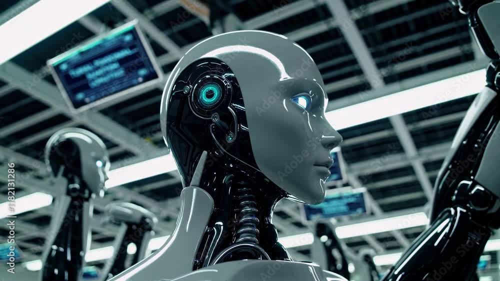 Poster innovative robots engage in advanced tasks within a high-tech facility exploring future technology