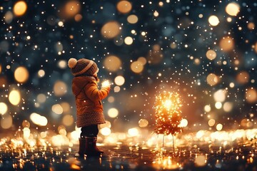 Enchanting Winter Wonderland: A Child in a Cozy Coat Embraces the Magic of Snowfall with a Twinkling Christmas Tree.