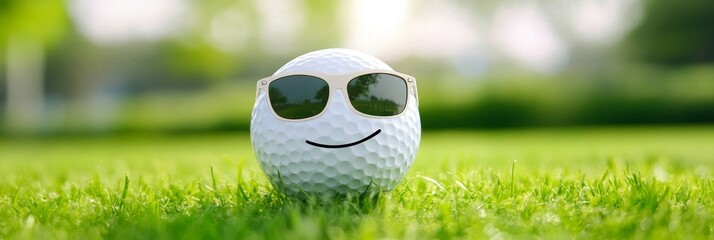 Happy Golf Ball Sunglasses in Grass - A smiling golf ball wearing sunglasses rests on a vibrant green grass field. Symbolizing joy, leisure, summer fun, relaxation, and sport.
