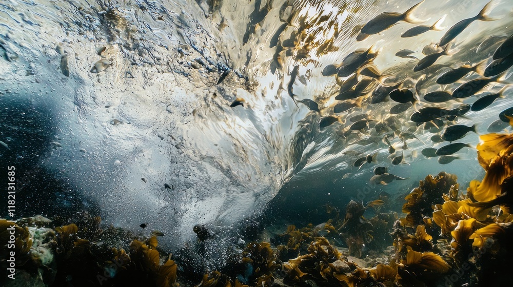 Poster Turbulent waves collide with tide pools, unleashing frothy splashes while schools of fish dart through vibrant seaweed below