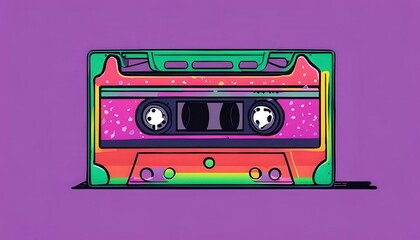 A vibrant and colorful pattern of retro cassette tapes, featuring bold neon colors like pink, green, orange, and blue, arranged in a playful, generate ia