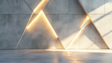 Modern geometric concrete wall with warm LED lights and sunlight.