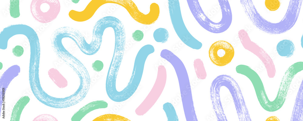 Aufkleber Pastel colored wavy and squiggle seamless pattern with dots and circles. Brush drawn abstract bold thick doodle lines. Simple childish scribble wrapping paper. Abstract modern fluid dynamic waves.