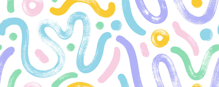 Pastel colored wavy and squiggle seamless pattern with dots and circles. Brush drawn abstract bold thick doodle lines. Simple childish scribble wrapping paper. Abstract modern fluid dynamic waves.