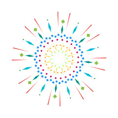 Firecracker inspired colorful flare with spark rays. Radiant explosion design featuring a vibrant sunburst. Abstract graphic isolated on a white background