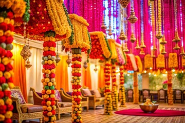 Fototapeta premium Slow Motion Indian Wedding Venue Decoration: Vibrant Festive Decor & Colorful Details