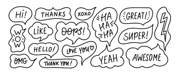 Doodle outline speech bubbles with cute messages. Hand drawn childish funky speech balloons. Hand drawn comic book emotional bubbles. Cute sticker or badges with text, oops, omg, wow.