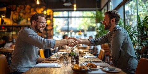 Business people, meeting and shaking hands in cafe for introduction, hello and b2b agreement. Entrepreneur and investor handshake in startup partnership or consultation for advice sales, Generative AI