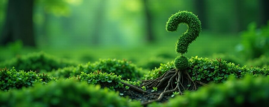 Mystical green question marks growing from ground, roots, question marks, earthy