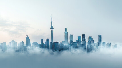 Obraz premium modern urban skyline featuring prominent tower amidst fog, showcasing energy efficient buildings and serene atmosphere