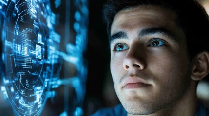 A young man gazes intently at a futuristic digital interface displaying data and graphics.