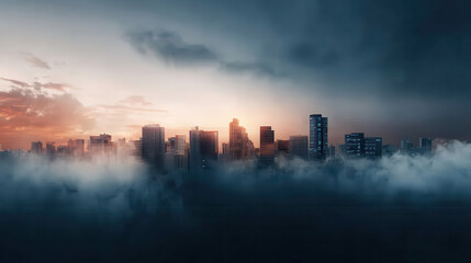 Fototapeta premium modern urban skyline emerges from fog, showcasing energy efficient buildings at sunset. scene evokes sense of tranquility and innovation