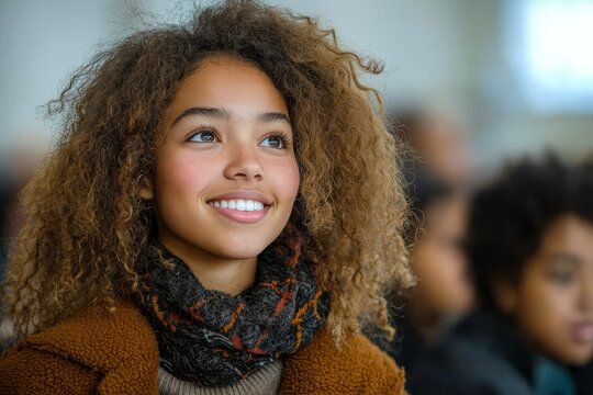 A biracial female teacher engages with two students in the classroom