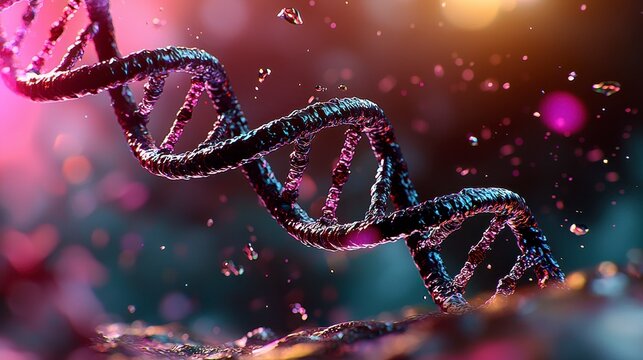 Dynamic dna helix structure and water droplets scientific laboratory high-resolution visualization abstract colorful environment up-close view biotechnology concept
