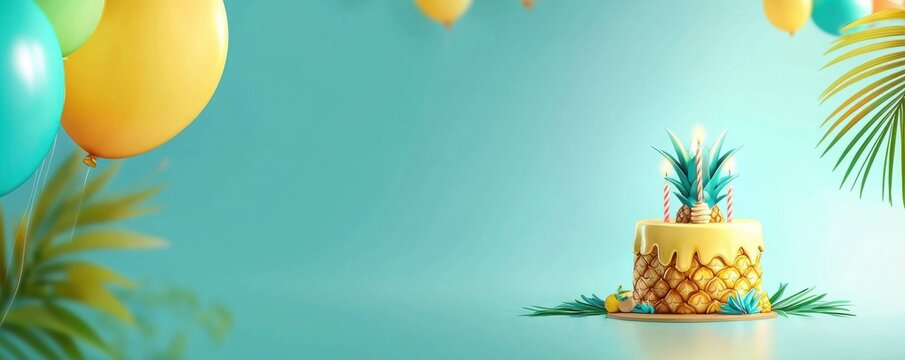 Tropical themed birthday celebration with candlelit pineapple cake beachside venue festive atmosphere joyful ambiance