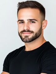 Fototapeta premium Man with Short Hair and Beard - Confident, handsome man, short hair, stylish beard, black shirt, portrait. Symbolizes: strength, style, success, masculinity, charm.