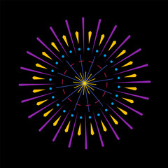 Colorful banger flare with radiant sunrays. Firecracker spark outburst design showing light explosion. Abstract fireworks inspired burst graphic on dark backdrop