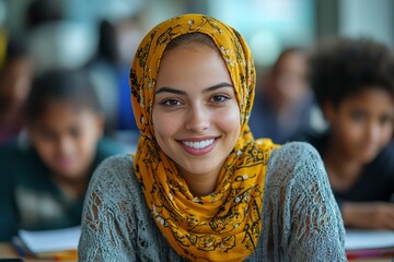 Two students converse with a biracial female teacher in the classroom setting