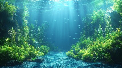 Obraz premium Underwater scene with sunbeams, aquatic plants, and fish.