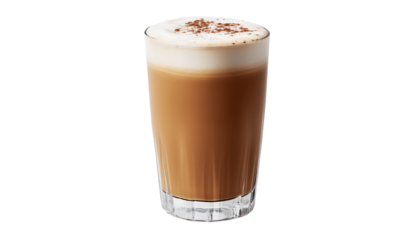 A glass of coffee with a layer of foam on top, sprinkled with co