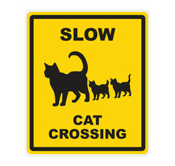 Slow cat crossing the street. Yellow sign for cats - Vector Illustrastion
