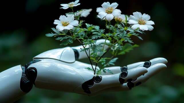 A delicate interaction between a robotic hand and a leafy plant in a natural environment signifies the coexistence of technology and nature