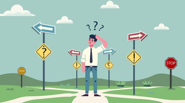 Confused Businessman Standing in The Middle of Crossroads Looking at Multiple Roar Directions . Careen Choice, Life Decision and Employee Future Concept Idea.  Signboard Arrows.  Choose The Way and Ma