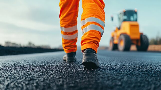 A construction worker in bright orange gear walks on freshly laid asphalt, with a heavy machine in the background, highlighting roadwork and safety.