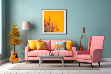 Outstanding chair and a guitar are next to a plant and a potted plant