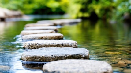Stone stepping stones over gentle river with lush green background