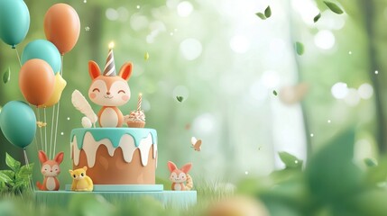 Fototapeta premium Whimsical woodland birthday celebration with nature-inspired cake enchanted forest digital art magical atmosphere playful viewpoint