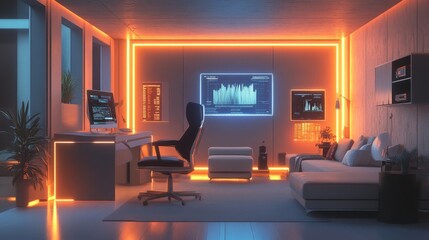 Modern workspace featuring vibrant lighting, tech setup, and a cozy seating area.