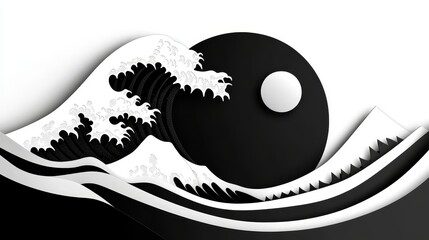 Monochrome Wave and Moon - Abstract art, paper cut style, ocean wave, moon, black and white, minimalist design. Symbolizing power, serenity, contrast, cycle, and nature.