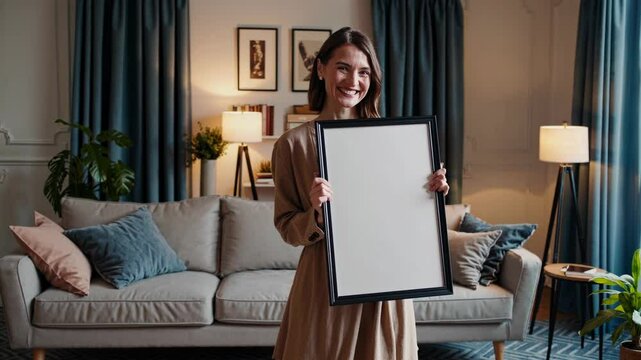 Joyful European Woman Holding A3 Frame in Cozy Living Room